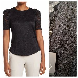 Adrianna Papell Black Lace Ruched Sleeve Top, Small